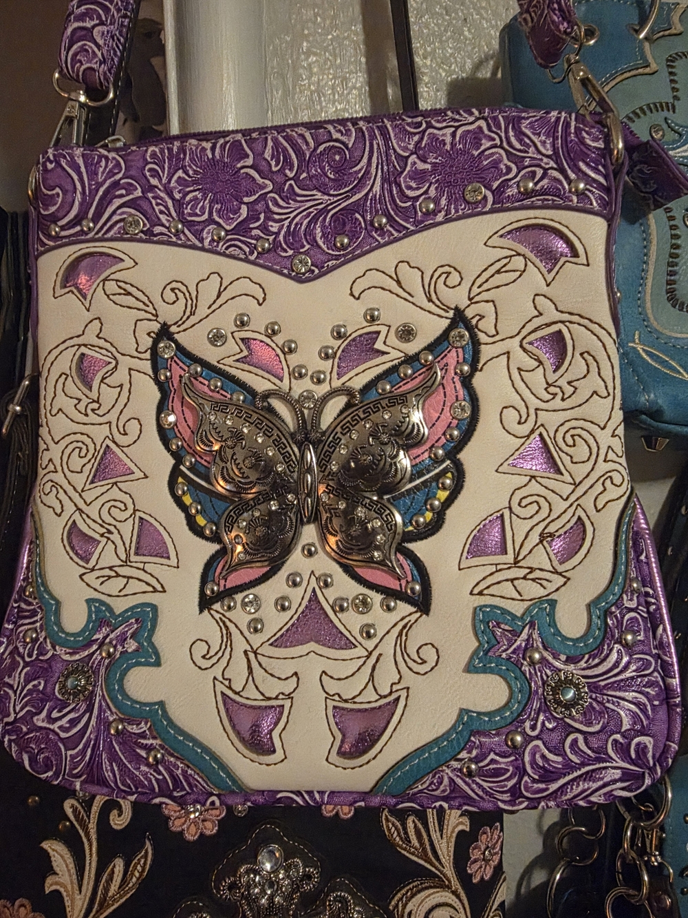 Butterfly Embellished Crossbody Bag - Purple & Cream